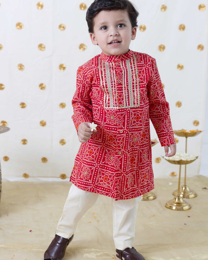 Boy Bandhani Print Cotton Kurta Set - Red