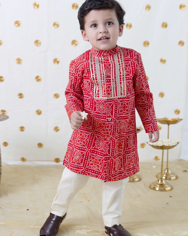 Boy Bandhani Print Cotton Kurta Set - Red