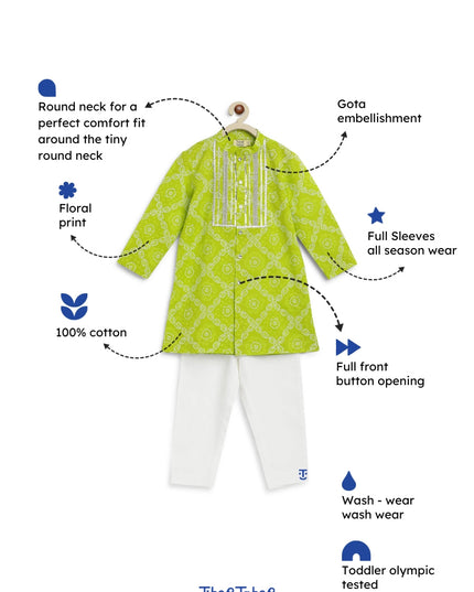 Boy Bandhani Print Cotton Kurta Set - Green
