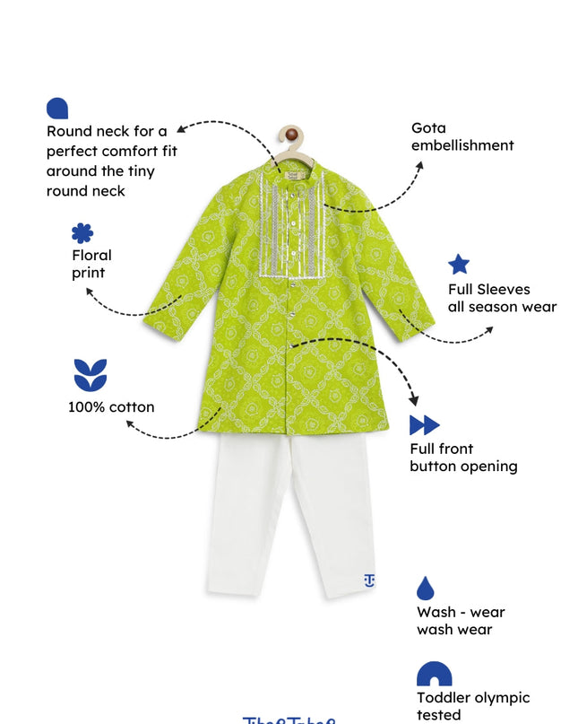 Boy Bandhani Print Cotton Kurta Set - Green