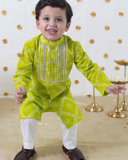 Boy Bandhani Print Cotton Kurta Set - Green