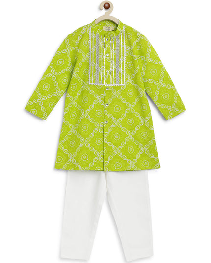 Boy Bandhani Print Cotton Kurta Set - Green