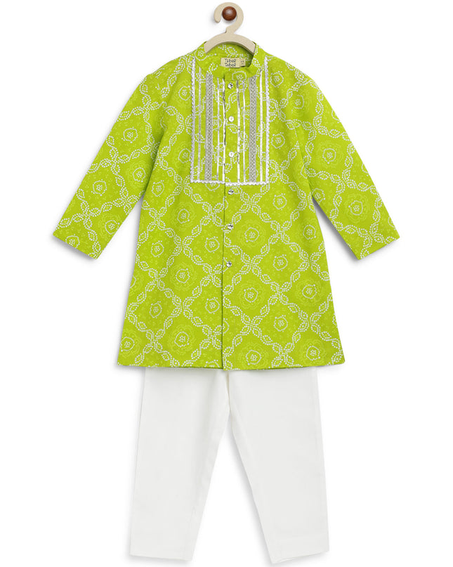 Boy Bandhani Print Cotton Kurta Set - Green