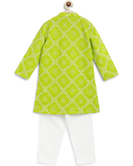 Boy Bandhani Print Cotton Kurta Set - Green