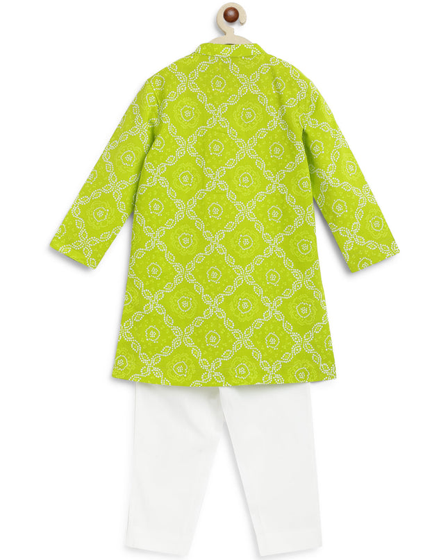 Boy Bandhani Print Cotton Kurta Set - Green