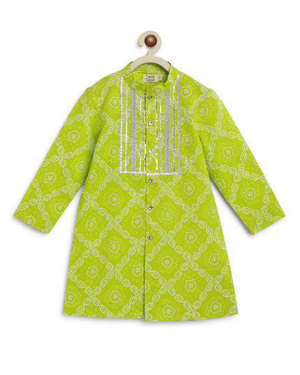 Boy Bandhani Print Cotton Kurta Set - Green