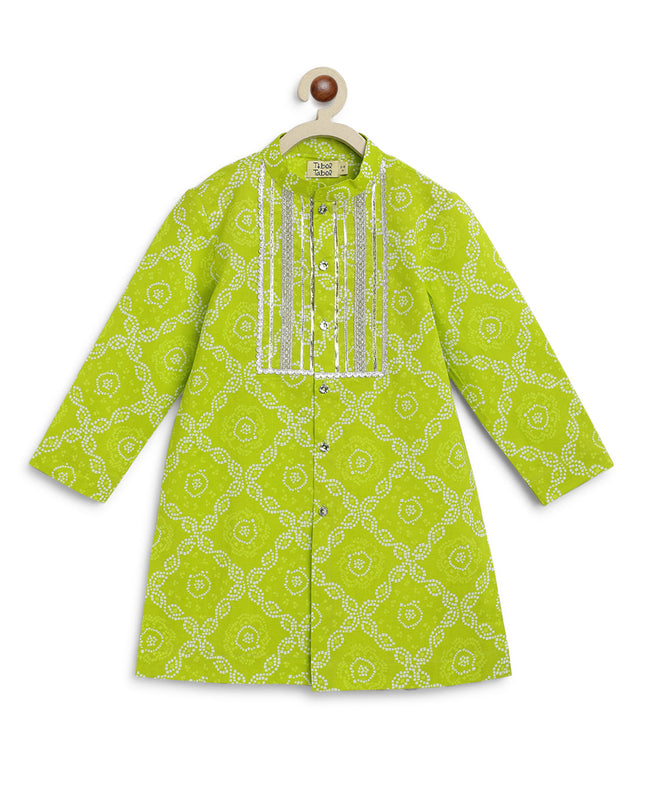 Boy Bandhani Print Cotton Kurta Set - Green