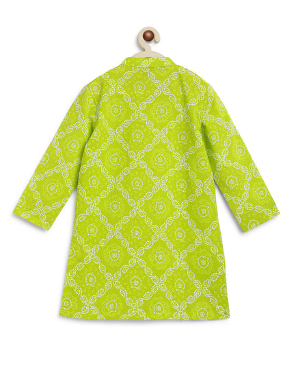 Boy Bandhani Print Cotton Kurta Set - Green