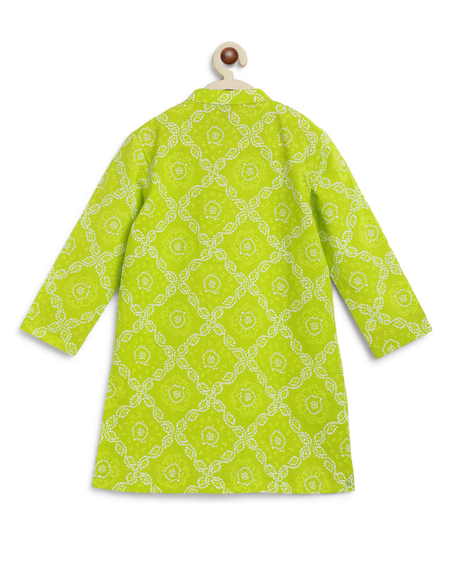 Boy Bandhani Print Cotton Kurta Set - Green