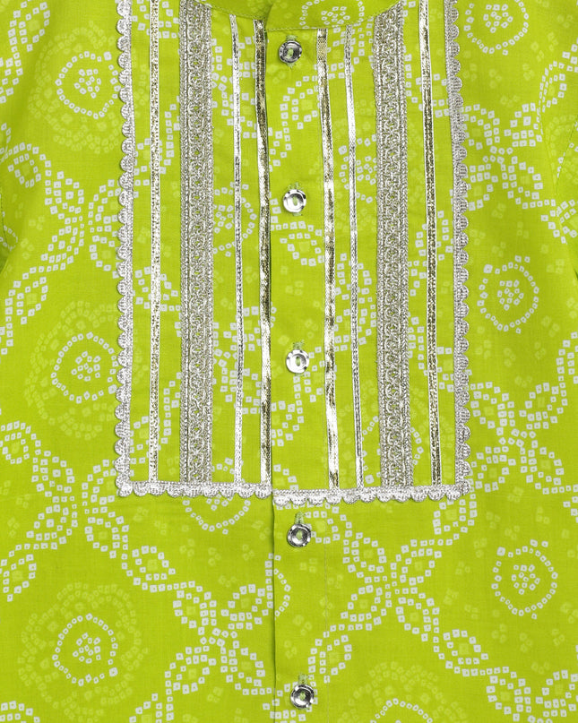 Boy Bandhani Print Cotton Kurta Set - Green
