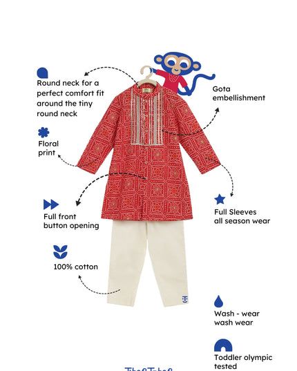 Boy Bandhani Print Cotton Kurta Set - Red