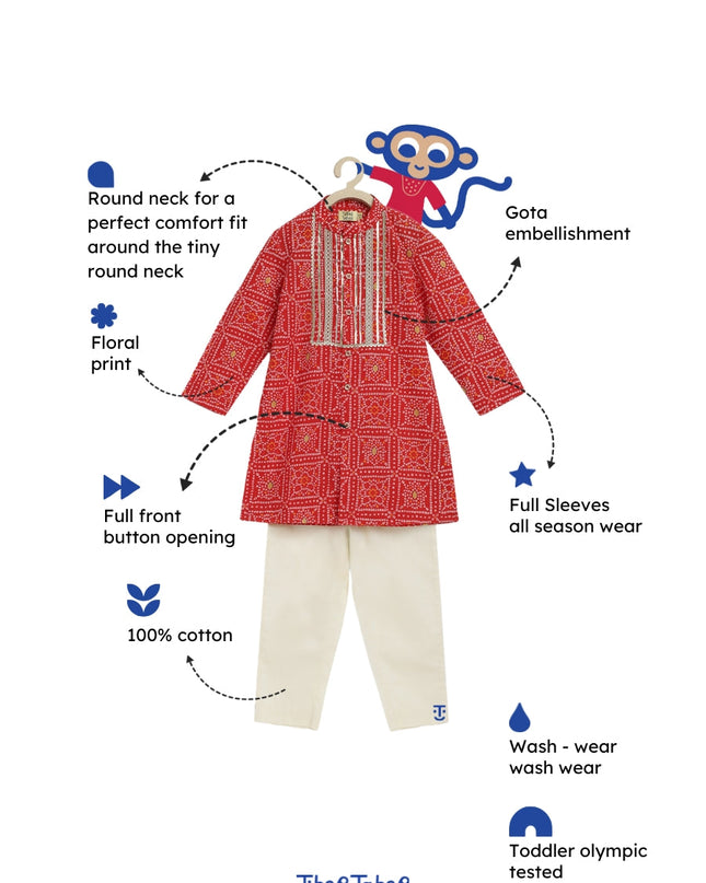 Boy Bandhani Print Cotton Kurta Set - Red