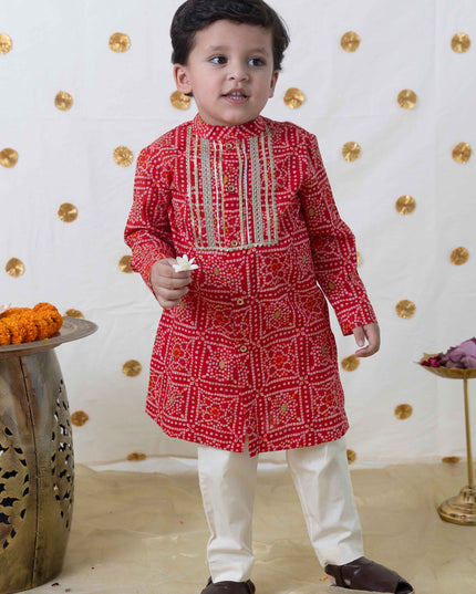 Boy Bandhani Print Cotton Kurta Set - Red