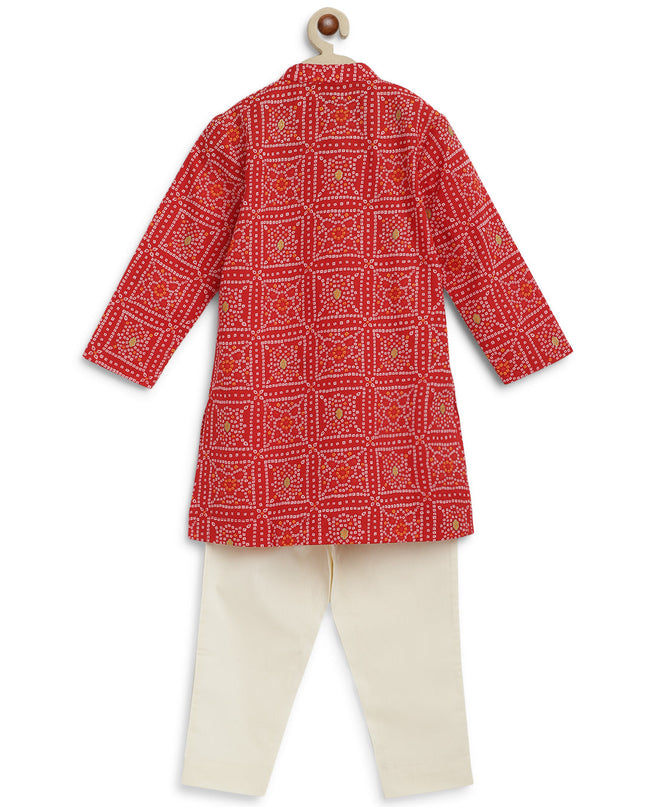 Boy Bandhani Print Cotton Kurta Set - Red