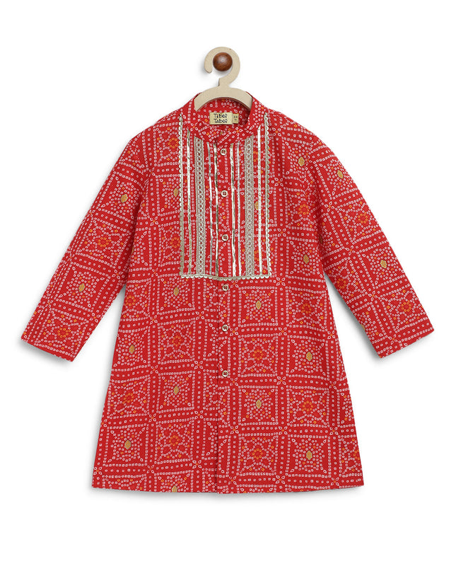 Boy Bandhani Print Cotton Kurta Set - Red