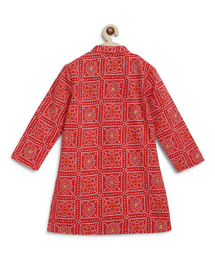 Boy Bandhani Print Cotton Kurta Set - Red