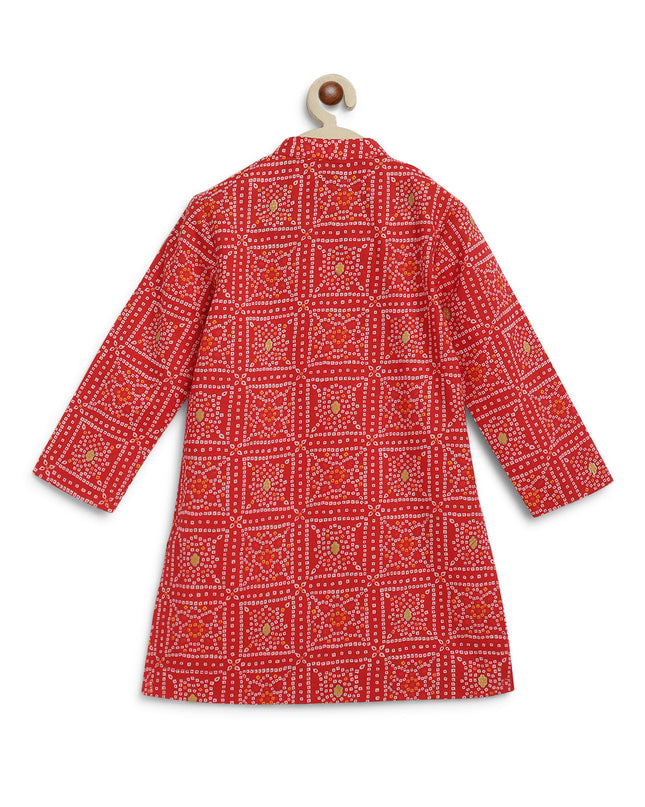 Boy Bandhani Print Cotton Kurta Set - Red