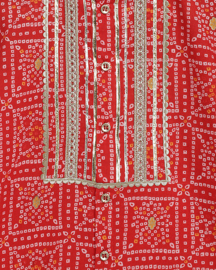 Boy Bandhani Print Cotton Kurta Set - Red