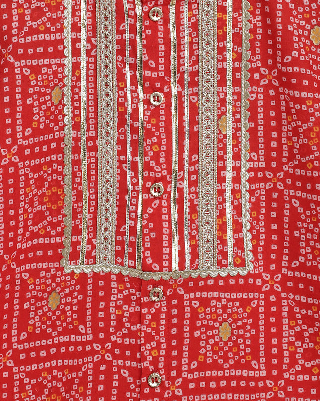 Boy Bandhani Print Cotton Kurta Set - Red